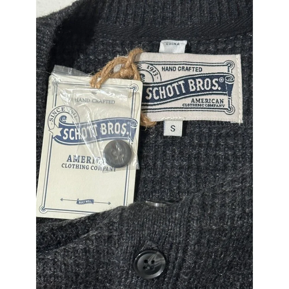 Schott Button Henley Sweater in Black Small New Mens Long Sleeve Top